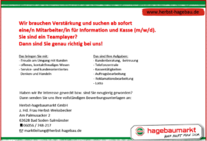 Mitarbeiter für Kasse und Information (m/w/d)